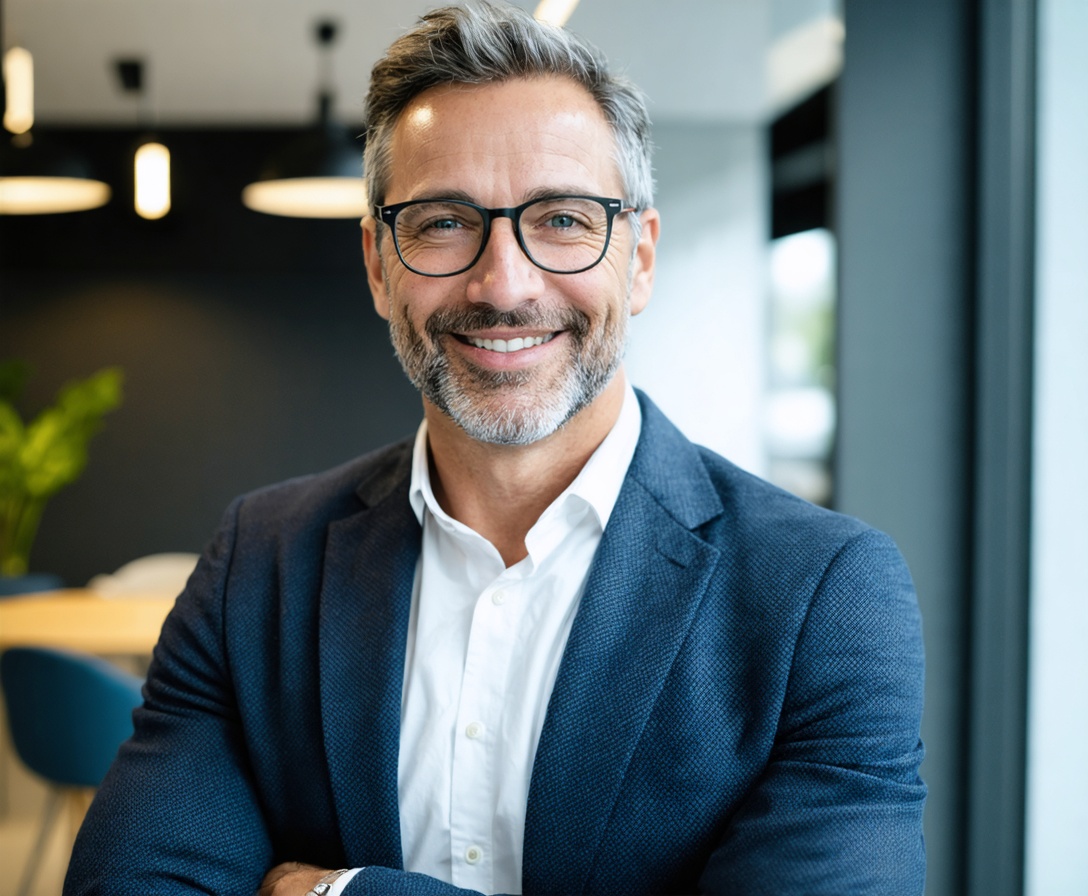 Profesionálny portrét Ing. Mareka Kováča v okuliaroch, usmievavého muža v strednom veku