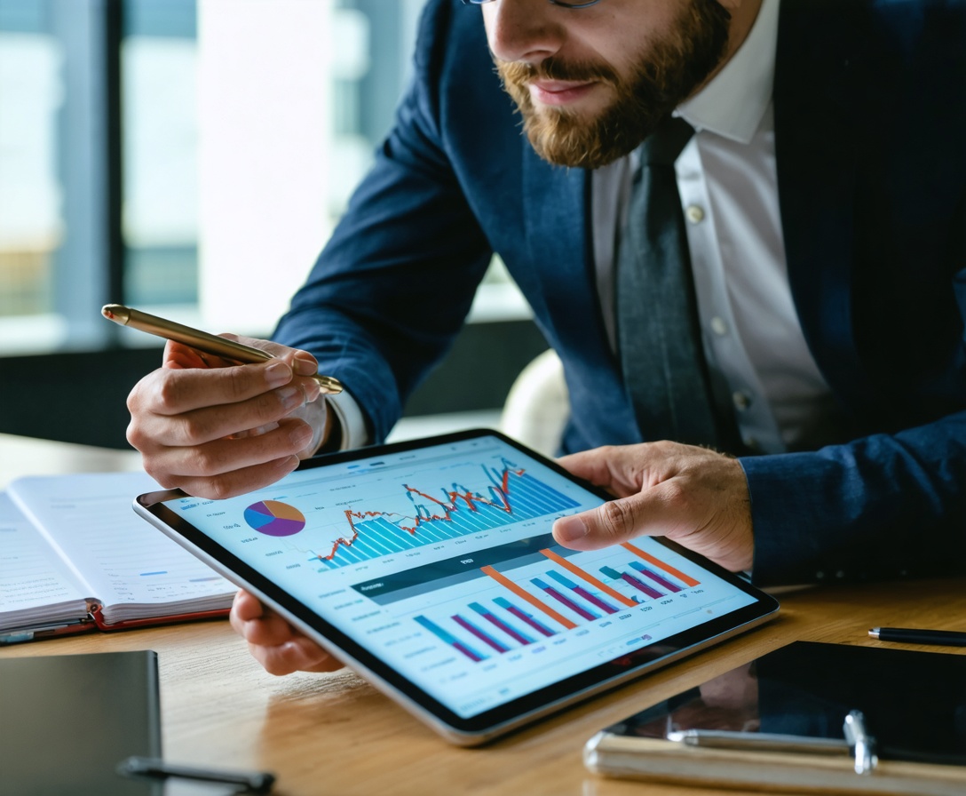 Dvaja profesionáli diskutujúci nad tabletom so štatistikami počas konzultačného stretnutia