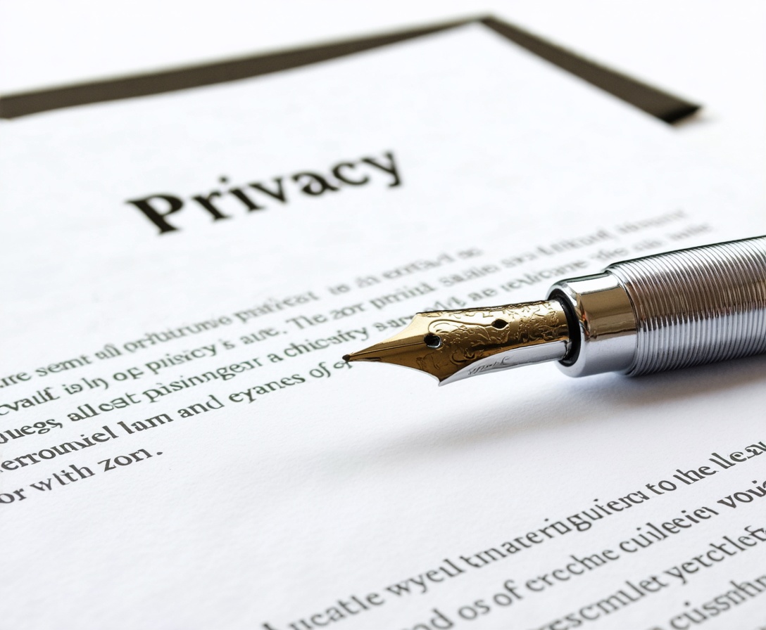 Detailný záber na strieborné plniace pero položené na čistom dokumente s nápisom Privacy