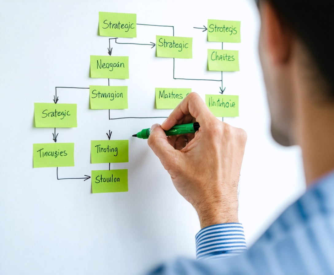 Detail ruky kresliacej strategický flowchart na bielu tabuľu s neonovým zeleným fixom